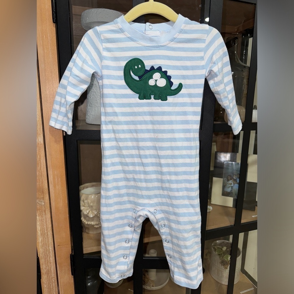 Stitchy Fish dinosaur appliqué coverall long sleeve stripes baby boy onesie play